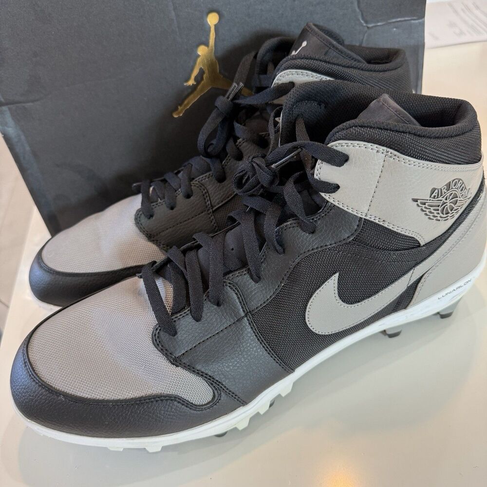 Size 18 Nike Air Jordan 1 TD Mid Shadow Grey Football Cleats AR5604-002 Lunarlon